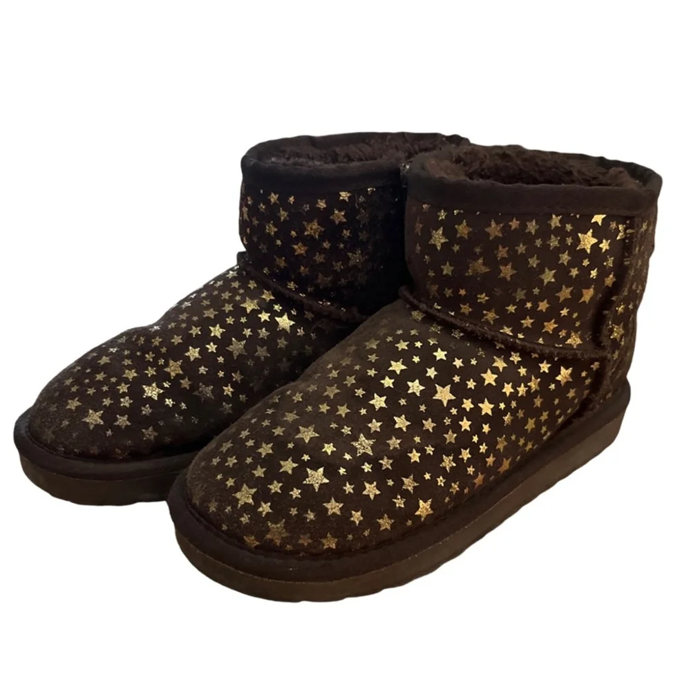 Crown Vintage Girls Mini Faux Fur Metallic Star Suede Ankle Boots size 5